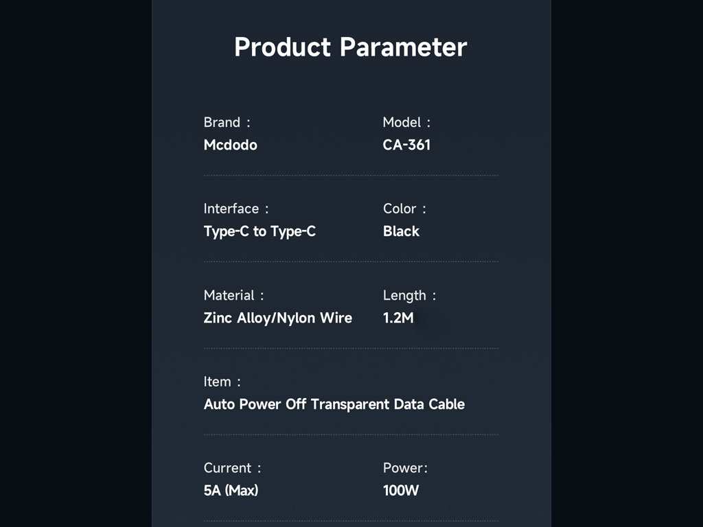 کابل سوپر فست شارژ هوشمند دو سر تایپ سی 100 وات 1.2 متری مک دودو Mcdodo Digital Pro Auto Power Off Type-C to Type-C CA-3610