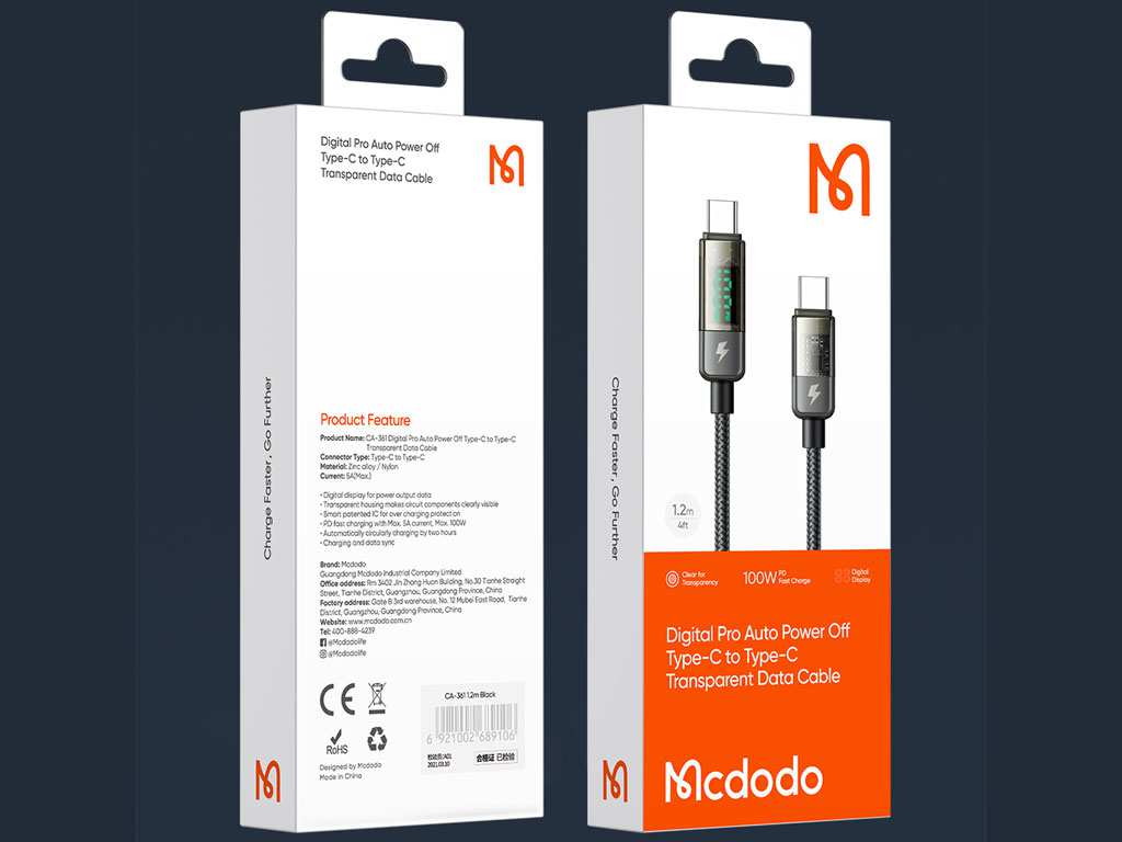 کابل سوپر فست شارژ هوشمند دو سر تایپ سی 100 وات 1.2 متری مک دودو Mcdodo Digital Pro Auto Power Off Type-C to Type-C CA-3610