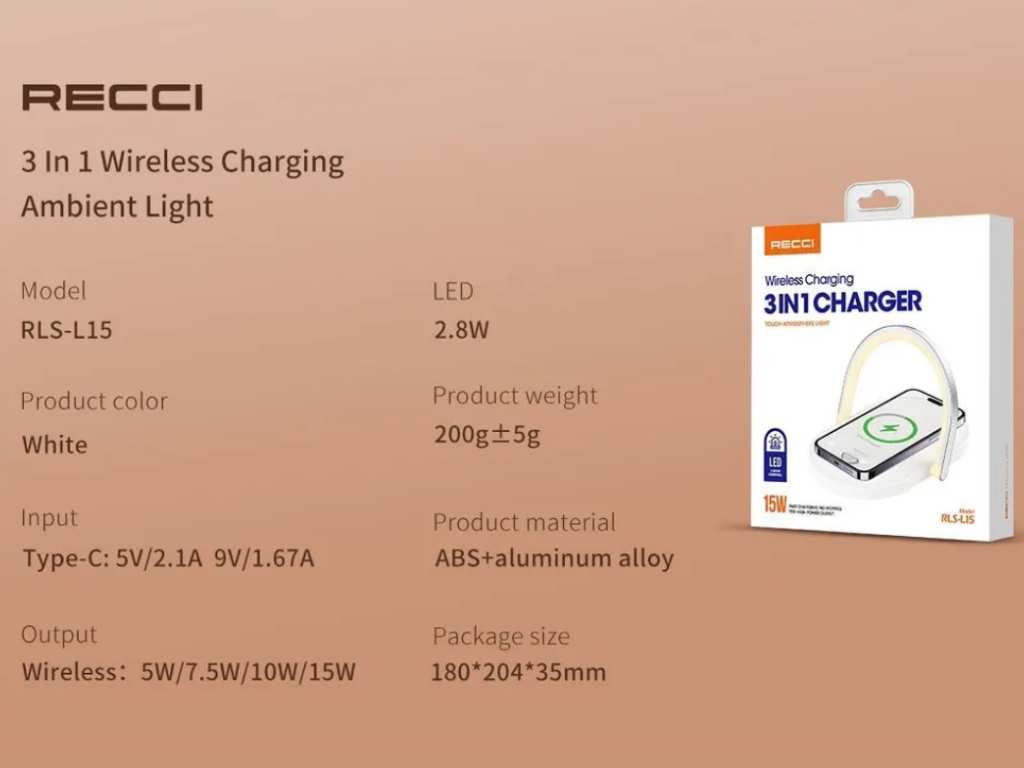 شارژر بی سیم و چراغ خواب رسی Recci RLS-L15 Wireless Charging 3-In-1 charger 15W