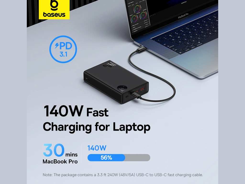 پاور بانک سوپر فست شارژ تایپ سی و یو اس بی 140 وات 24000 adaman بیسوس ppadm140
