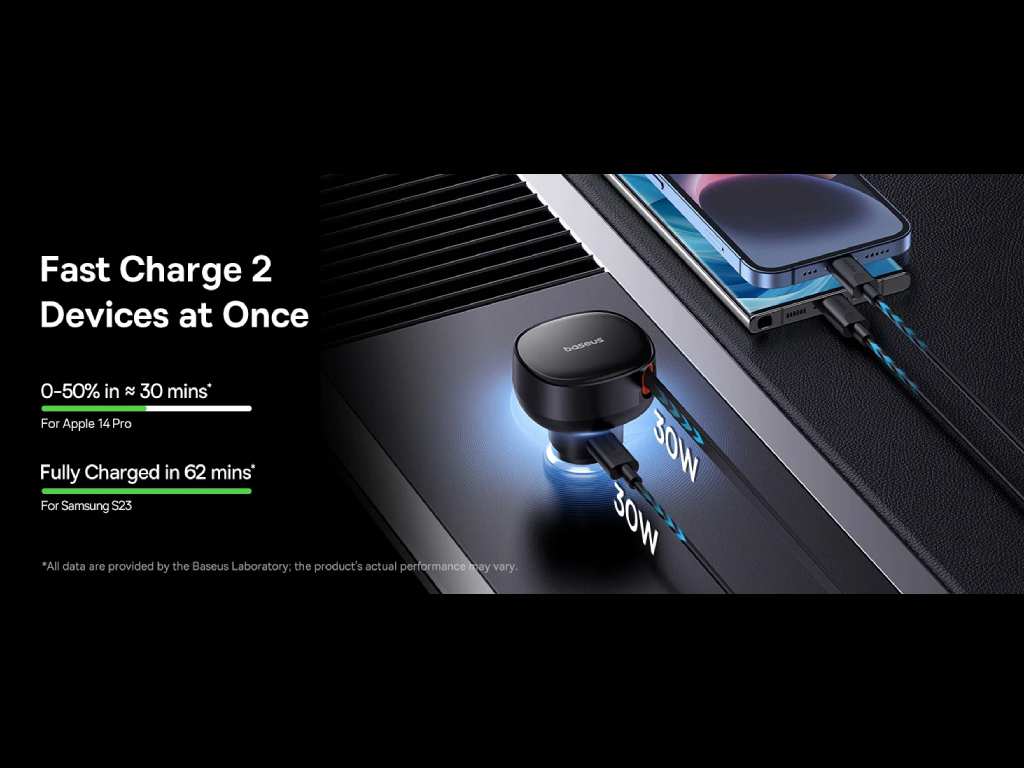 شارژر فندکی فست شارژ ماشین تایپ سی 60 وات بیسوس C00057802111-01