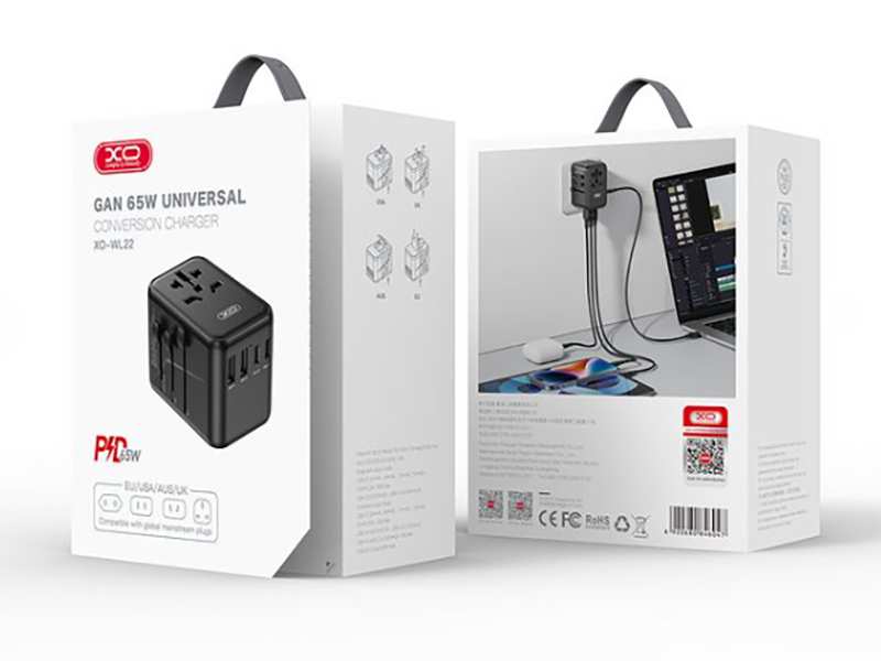 چند راهی مکعبی برق دو سوکت و دو یو اس بی و 3 تایپ سی ایکس او 65W GaN XO WL22 multi-function travel Network Extender