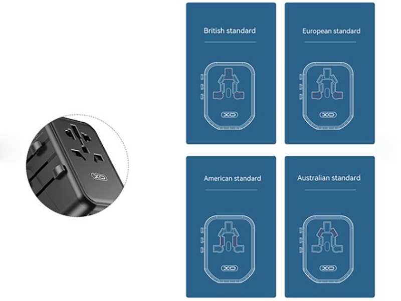 چند راهی مکعبی برق دو سوکت و دو یو اس بی و 3 تایپ سی ایکس او 65W GaN XO WL22 multi-function travel Network Extender