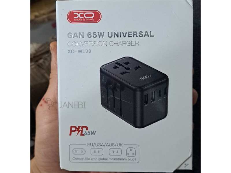 چند راهی مکعبی برق دو سوکت و دو یو اس بی و 3 تایپ سی ایکس او 65W GaN XO WL22 multi-function travel Network Extender