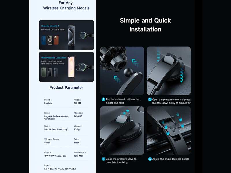 هولدر، شارژر وایرلس و فن خنک کننده گوشی آیفون و اندروید مک دودو Mcdodo Fast Cooling Magnetic Wireless Car Charger CH-511