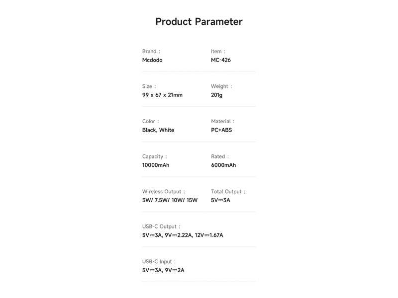 پاوربانک مگنتی 10000 شارژ بی سیم 15 وات و شارژ سیمی تایپ سی 20 وات مک دودو Mcdodo MC-426 15W Magnetic Wireless Power Bank