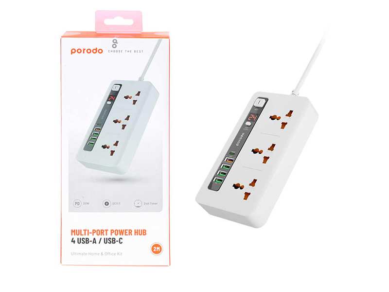 چند راهی برق سه سوکت، 4 یو اس بی، 1 تایپ سی دو متری پورودو Porodo FWCH013 Multi-Port Power HUB 4 USB-A/USB-C Kit 2M