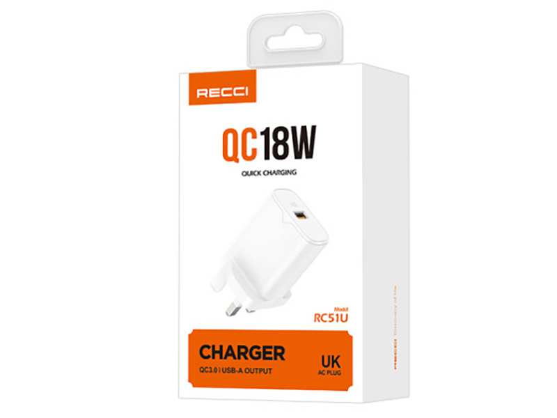 شارژر دیواری فست یو اس بی 18 وات رسی RECCI RC51U 18W QC3.0 QUICK CHARGER