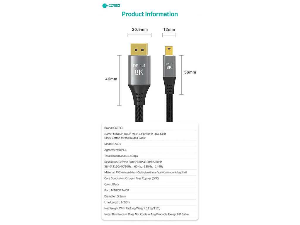 کابل تبدیل مینی دیسپلی پورت به دیسپلی پورت 2 متری کوتتسی 87401