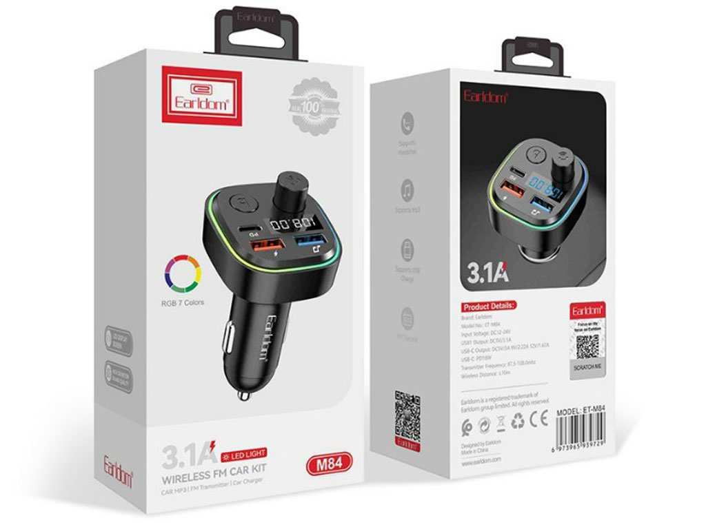 شارژر فندکی فست شارژ ماشین 3.1 آمپر و تایپ سی 18 وات و گیرنده بلوتوثی ارلدام ET-M84