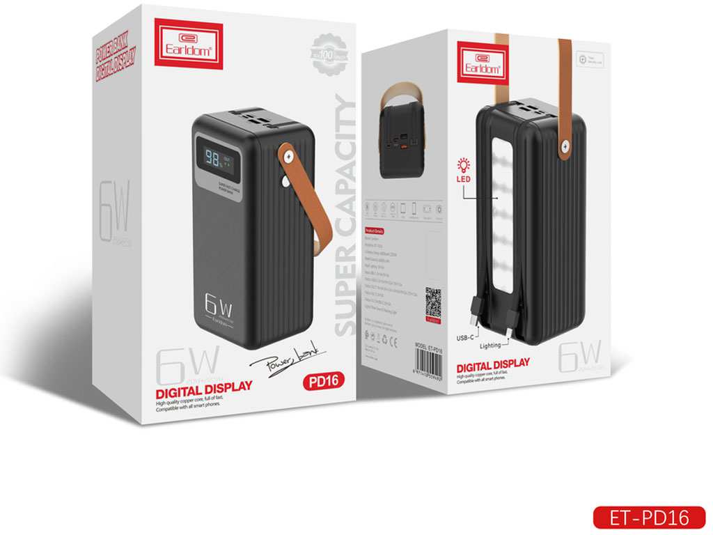 پاوربانک 60000 یو اس بی، تایپ سی و لایتنینگ 22.5 وات ارلدام EARLDOM EET-PD16 Power Bank 60000mAh