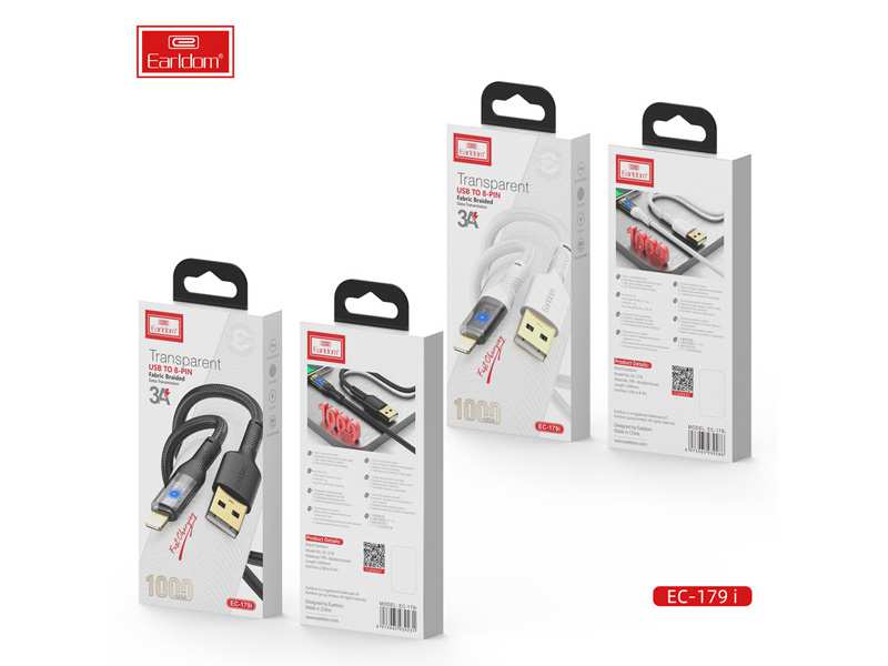 کابل شارژ سریع یو اس بی به لایتنینگ 3.0 آمپر یک متری ارلدام Earldom EC-179i Lightning cable 3.0A 1.0m