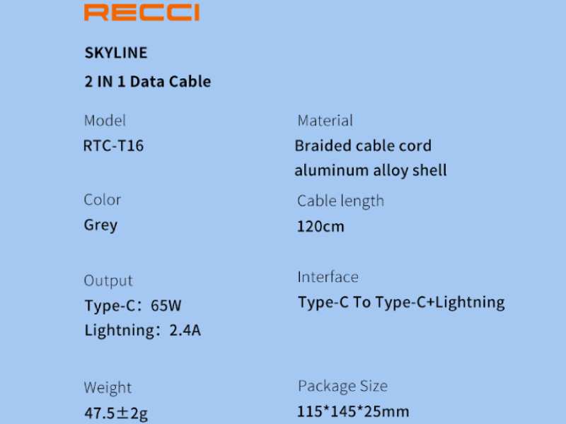 کابل شارژ سریع دو سر تایپ سی به لایتنینگ و تایپ سی 65 وات 1.2 متری رسی RTC-T16