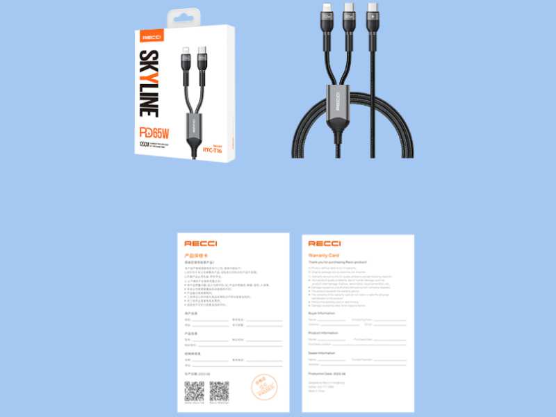 کابل شارژ سریع دو سر تایپ سی به لایتنینگ و تایپ سی 65 وات 1.2 متری رسی RTC-T16