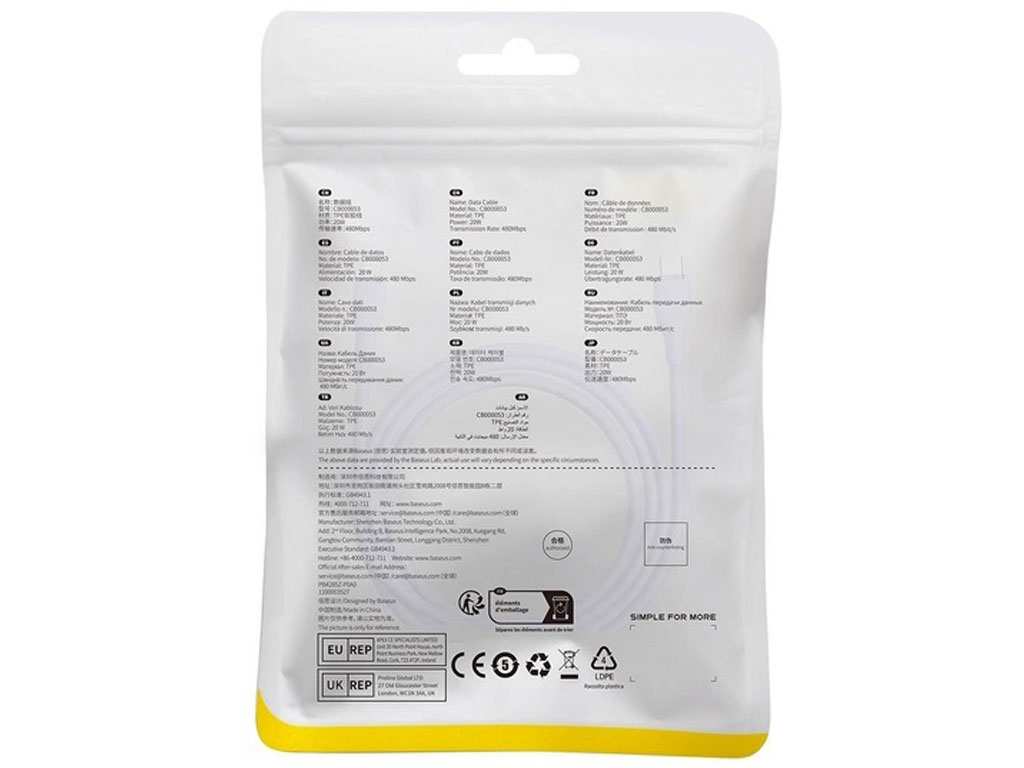 کابل شارژ سریع تایپ سی به لایتنینگ 20 وات 1.2 متری بیسوس P10355701511-00