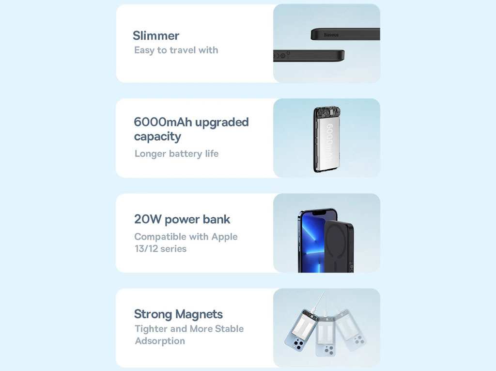 پاوربانک مغناطیسی فست شارژ 20 وات 6000 میلی آمپرساعت بیسوس PPCX