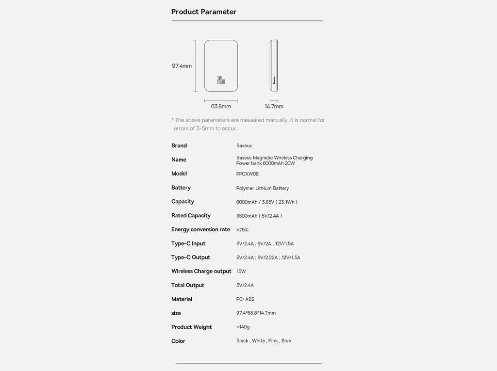 پاوربانک مغناطیسی فست شارژ 20 وات 6000 میلی آمپرساعت بیسوس PPCX