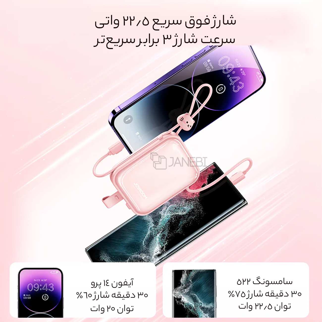 پاوربانک فست شارژ فانتزی 22.5 وات 10000 و هولدر رومیزی موبایل جویروم JR-L008/JR-L009