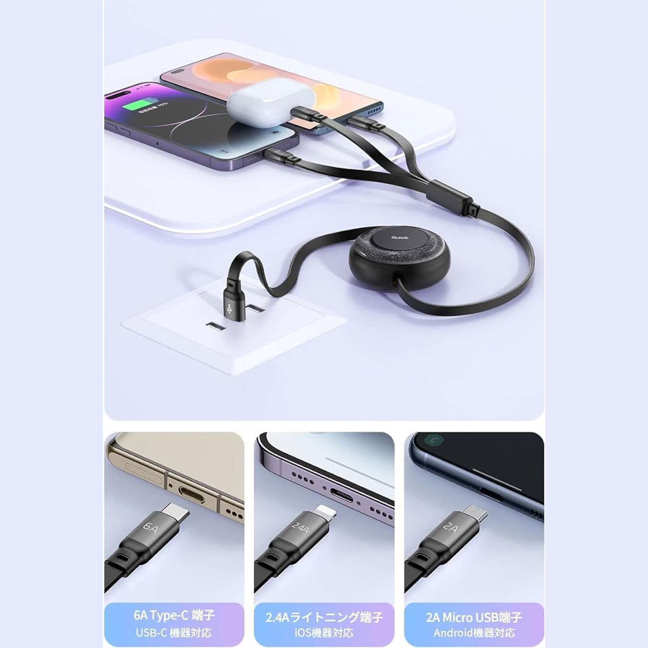 کابل فست شارژ آکواریومی چند کاره یو اس بی به لایتنینگ، تایپ سی و میکرو جمع شو 1.2 متری 6 آمپر مک دودو CA-3731