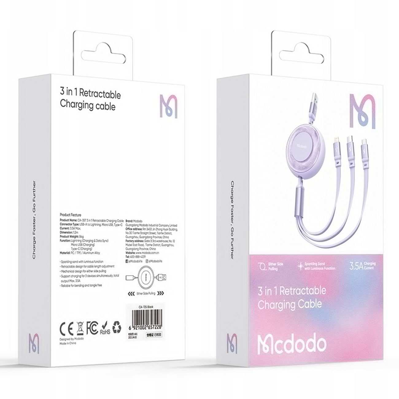 کابل فست شارژ آکواریومی چند کاره یو اس بی به لایتنینگ، تایپ سی و میکرو جمع شو 1.2 متری 6 آمپر مک دودو CA-3731