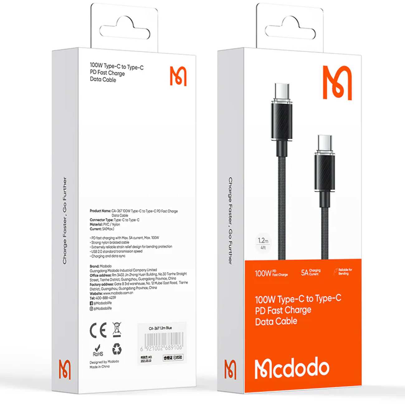 کابل سوپر فست شارژ تایپ سی به تایپ سی 100 وات 1.2 متری مک دودو CA-367