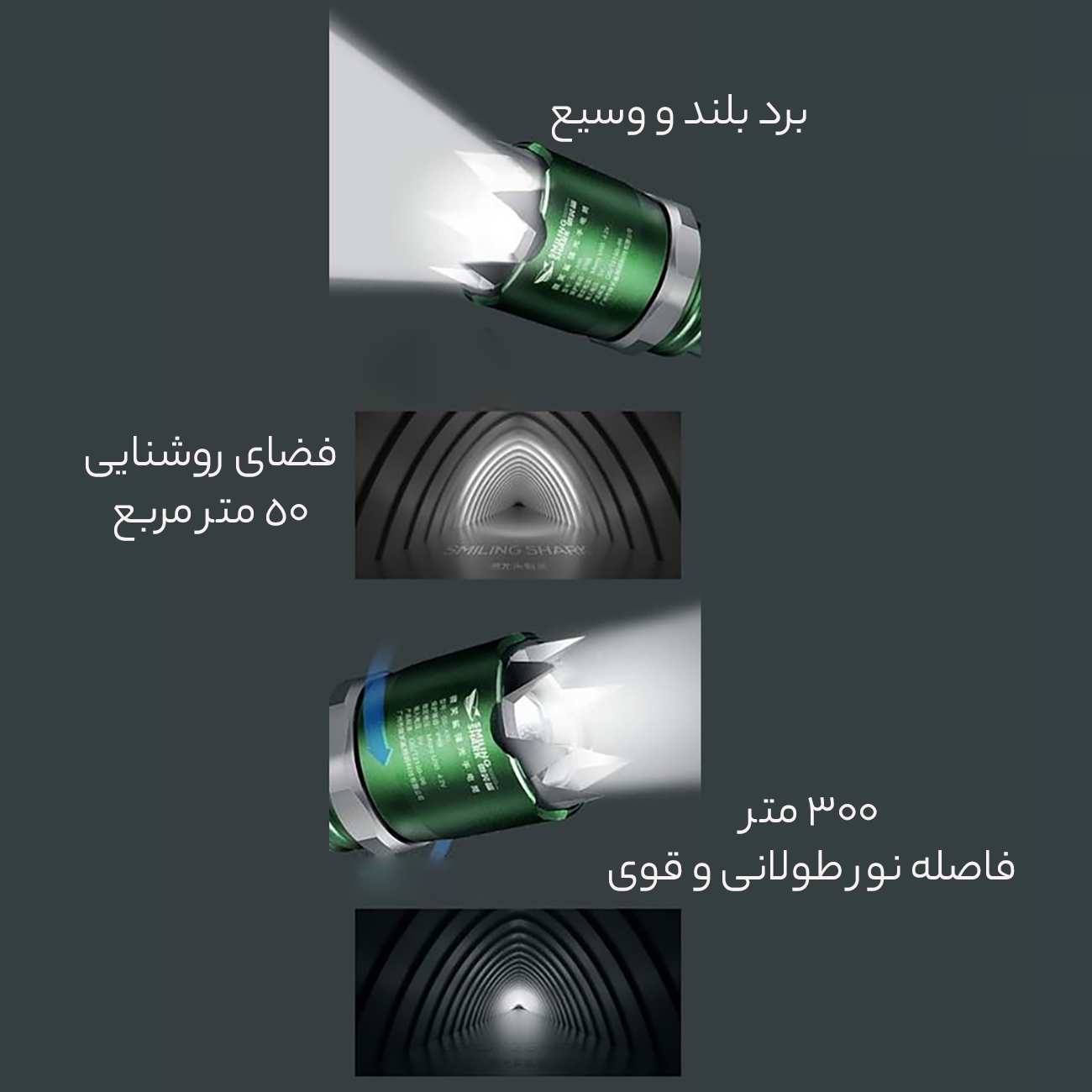 چراغ قوه شارژی ضدآب پلیسی و دفاع شخصی قدرتمند اسمایلینگ شارک A90