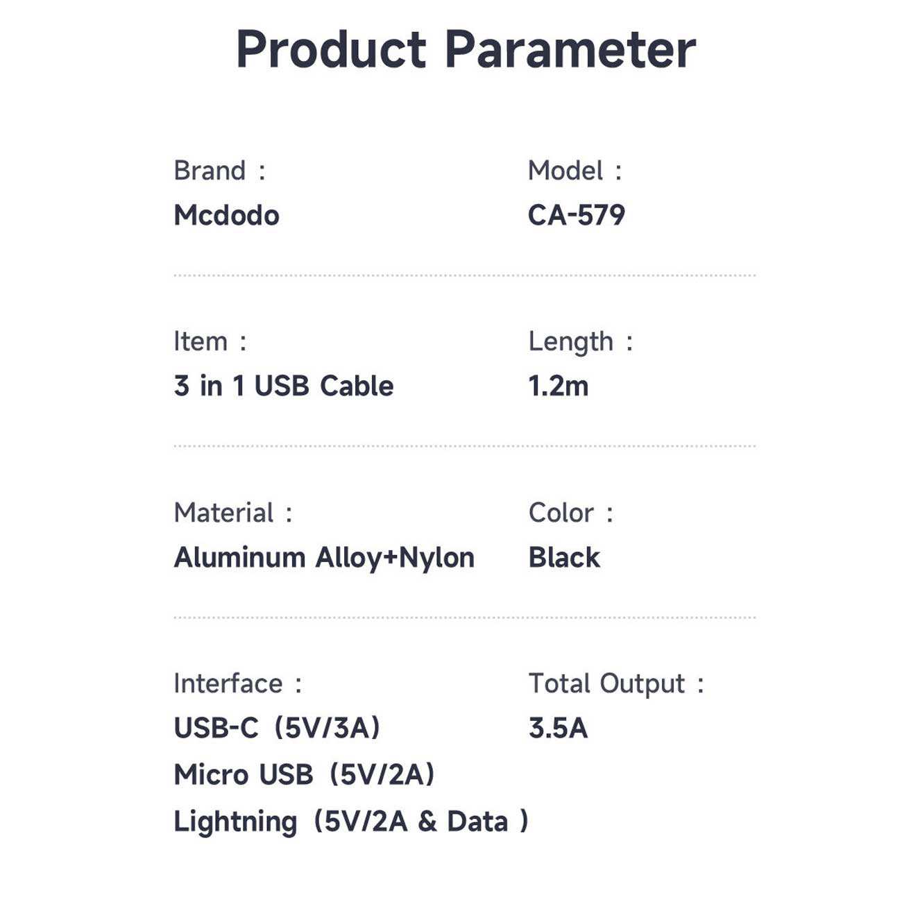 کابل چند سر یو اس بی به تایپ سی، لایتنینگ و میکرو یو اس بی 3 آمپر 1.2 متری مک دودو CA-579