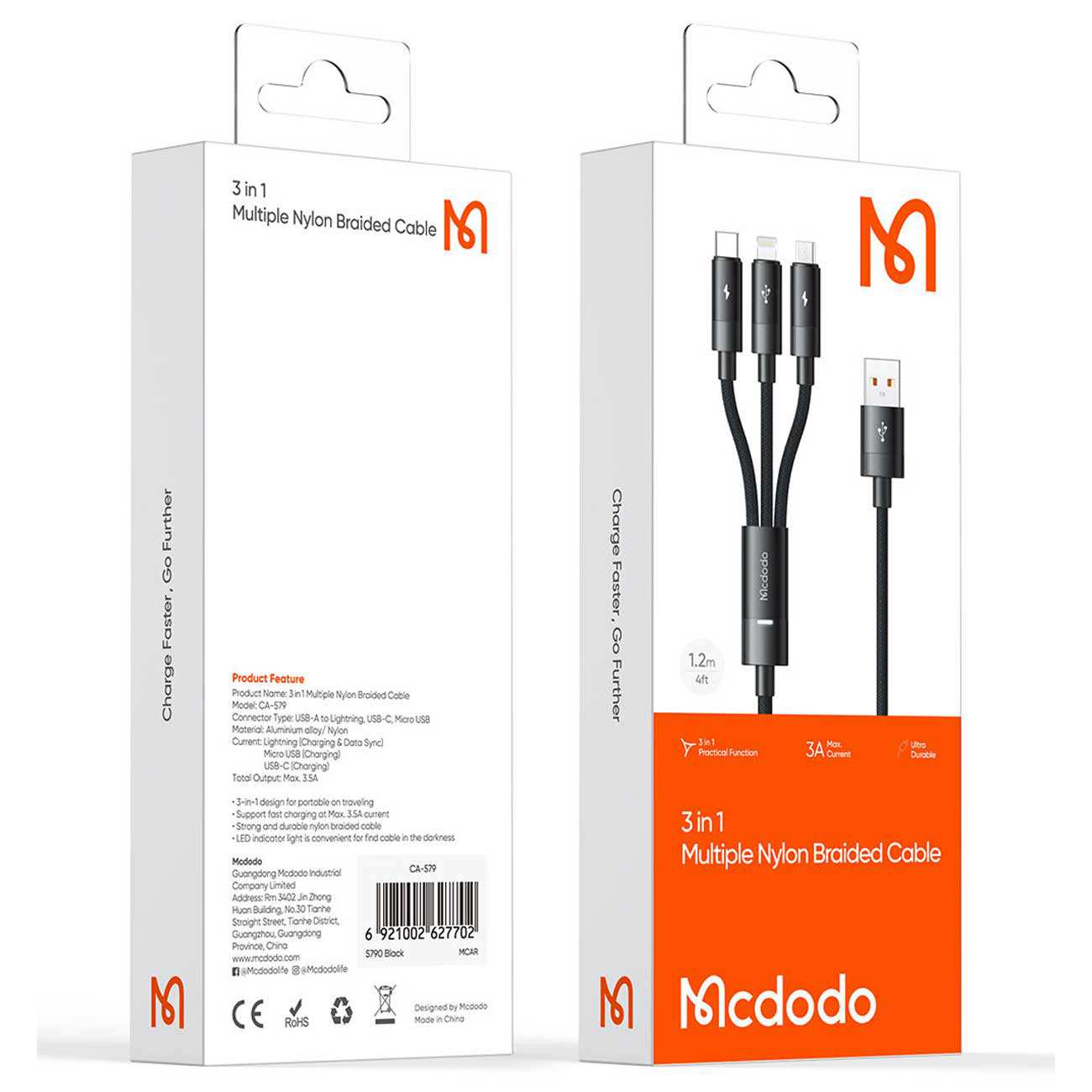 کابل چند سر یو اس بی به تایپ سی، لایتنینگ و میکرو یو اس بی 3 آمپر 1.2 متری مک دودو CA-579