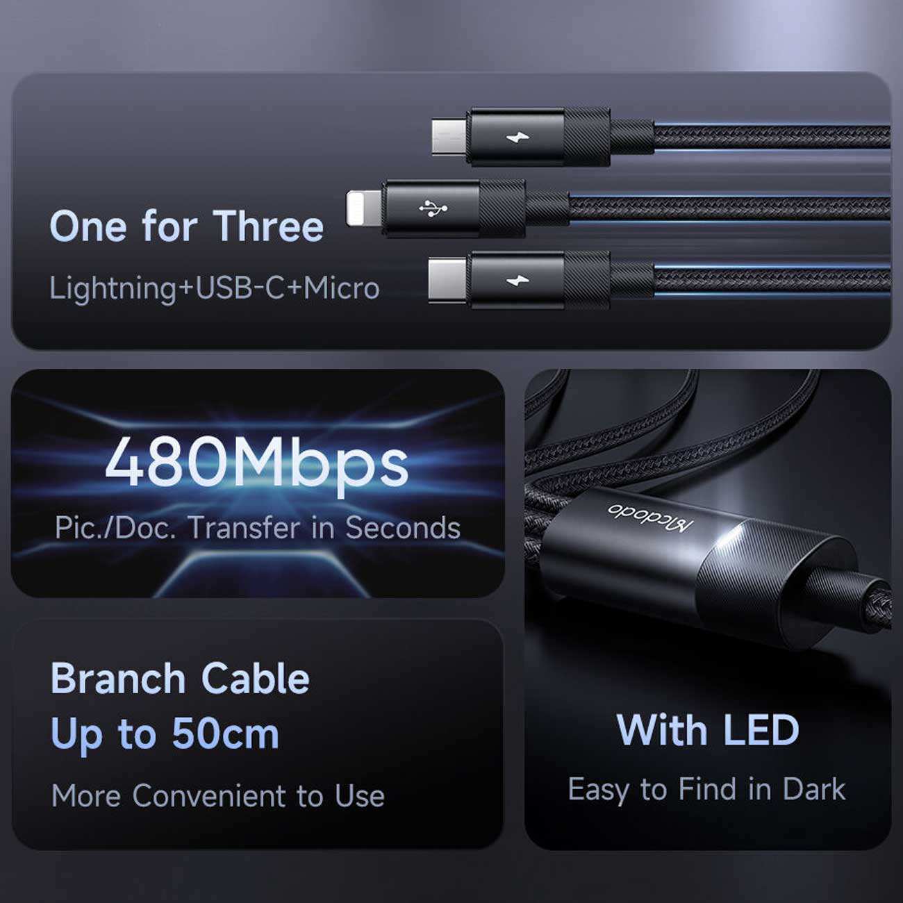 کابل چند سر یو اس بی به تایپ سی، لایتنینگ و میکرو یو اس بی 3 آمپر 1.2 متری مک دودو CA-579