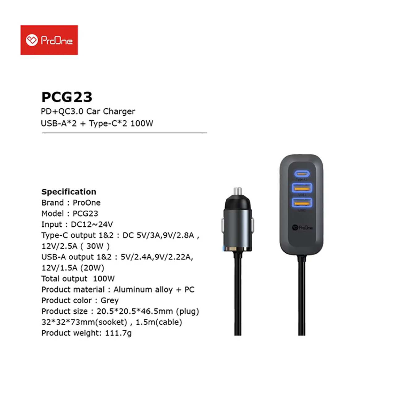 شارژر فندکی فست شارژ تایپ سی 100 وات پرووان PCG23