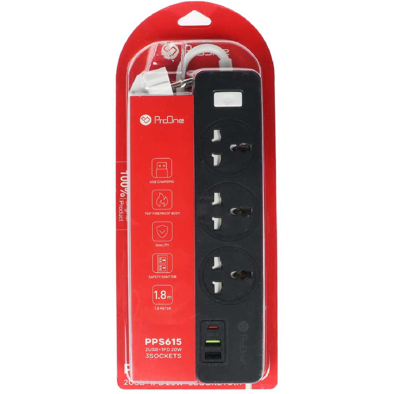 چند راهی برق ارت دار سه سوکت، دو یو اس بی و یک تایپ سی پرووان PPS615C