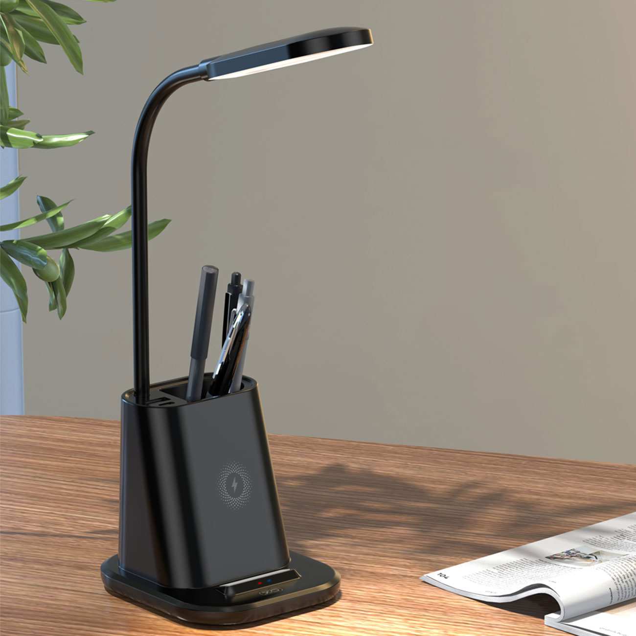 شارژر وایرلس رومیزی، چراغ مطالعه و جامدادی ایکس او WX032