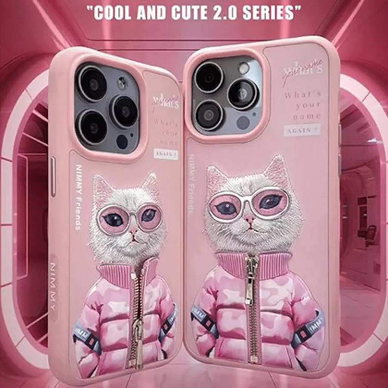 قاب محافظ گوشی آیفون 15 پرو فانتزی طرح گربه با عینک و زیپ واقعی نیمی
