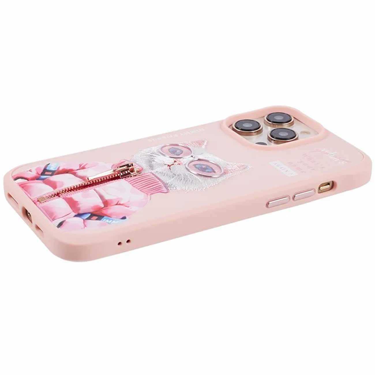 قاب محافظ گوشی آیفون 15 پرو فانتزی طرح گربه با عینک و زیپ واقعی نیمی