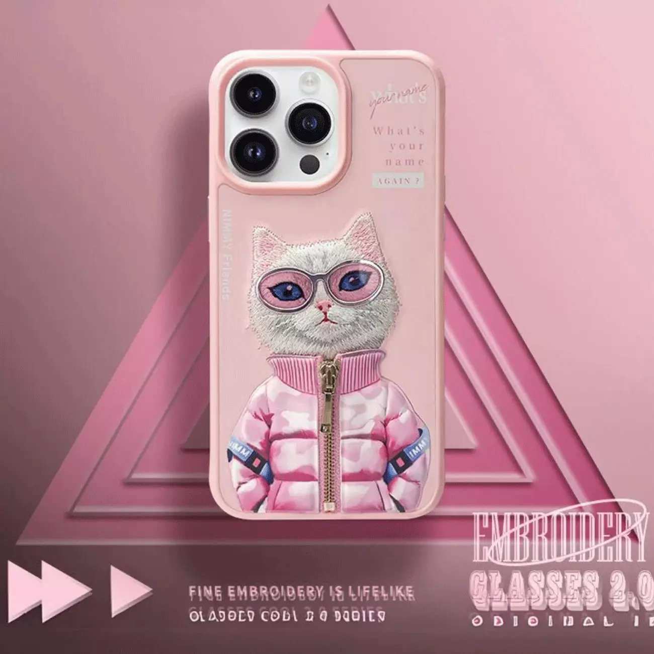 قاب محافظ گوشی آیفون 15 پرو فانتزی طرح گربه با عینک و زیپ واقعی نیمی