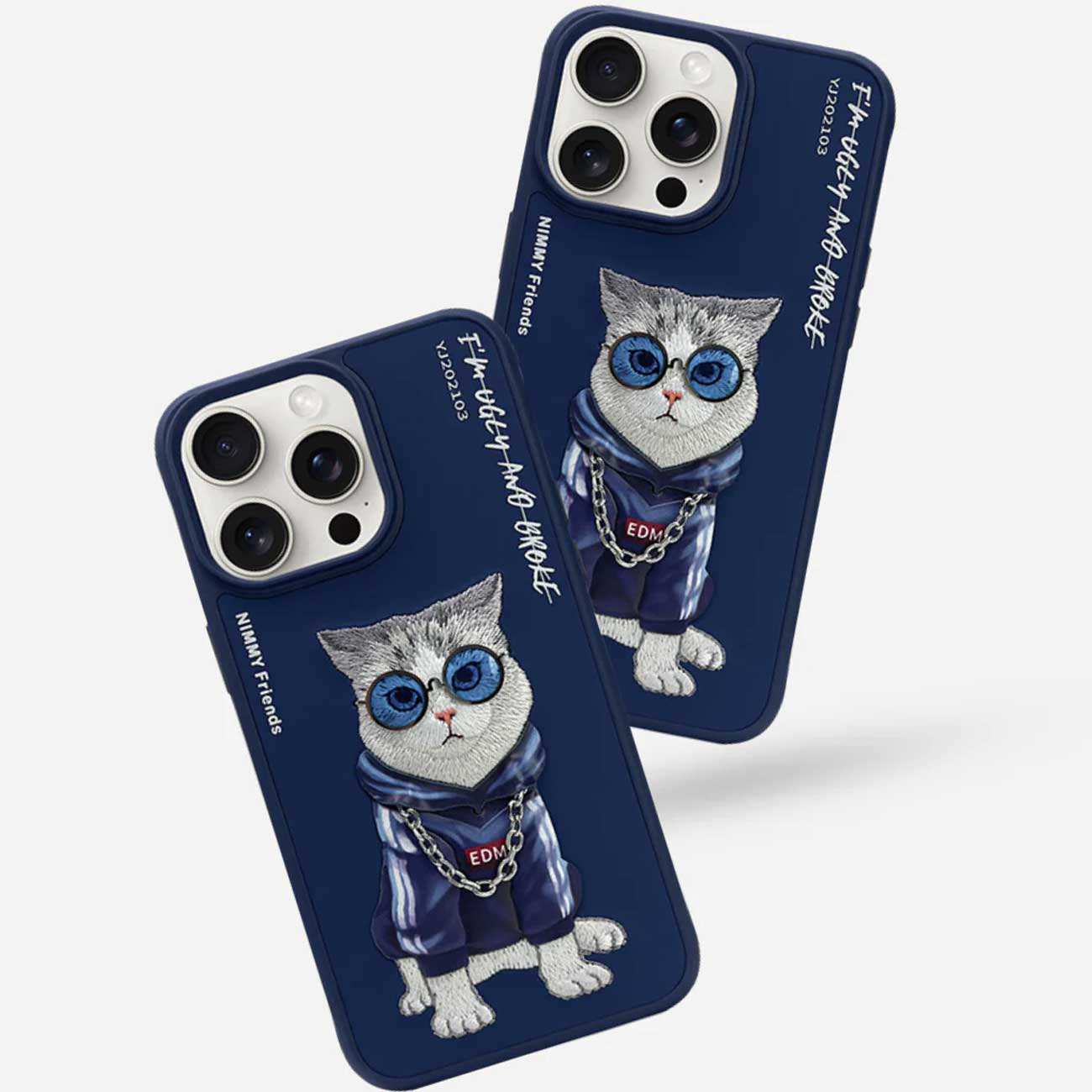 قاب محافظ گوشی آیفون 15 پرو طرح گربه با زنجیر و عینک واقعی نیمی