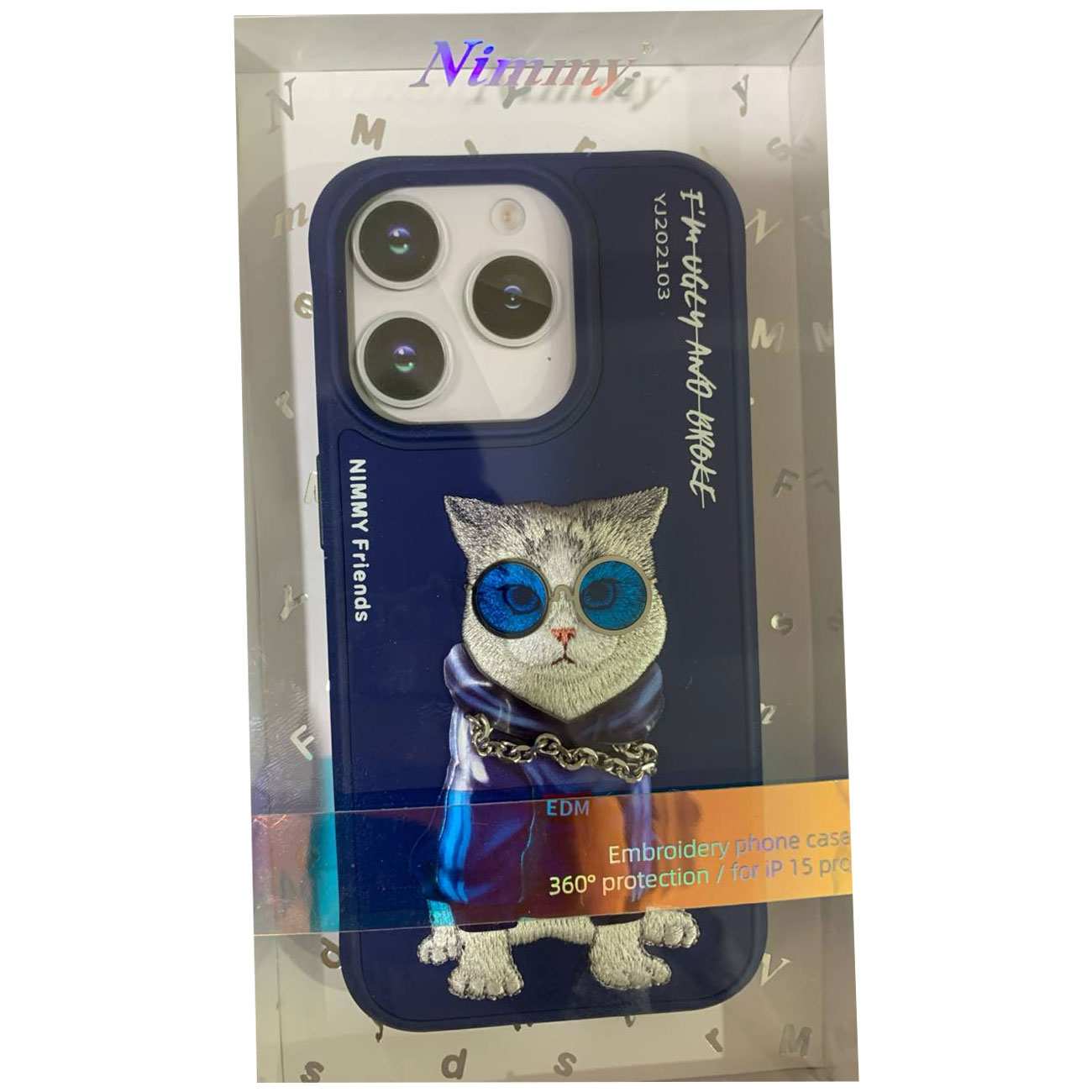 قاب محافظ گوشی آیفون 15 پرو طرح گربه با زنجیر و عینک واقعی نیمی