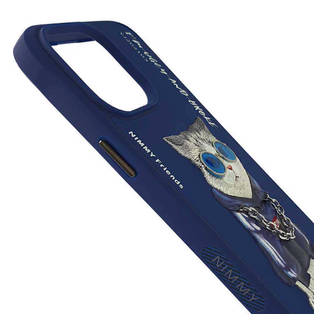 قاب محافظ گوشی آیفون 15 پرو طرح گربه با زنجیر و عینک واقعی نیمی