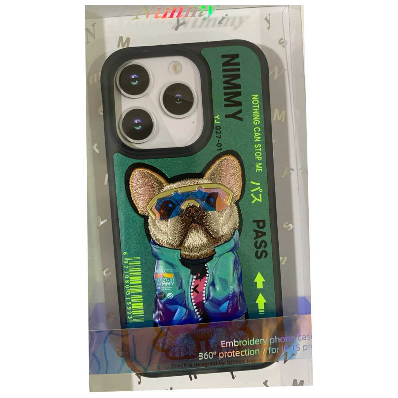 قاب محافظ گوشی آیفون 15 پرو طرح سگ با عینک واقعی نیمی YJ027-01