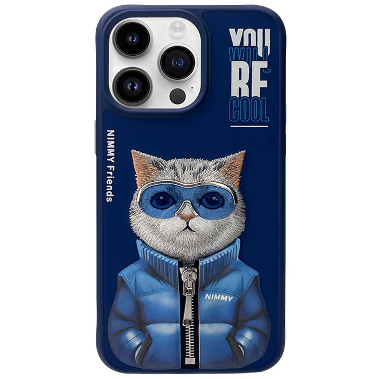 قاب محافظ گوشی آیفون 15 پرو طرح گربه با زیپ و عینک واقعی نیمی Embroidery