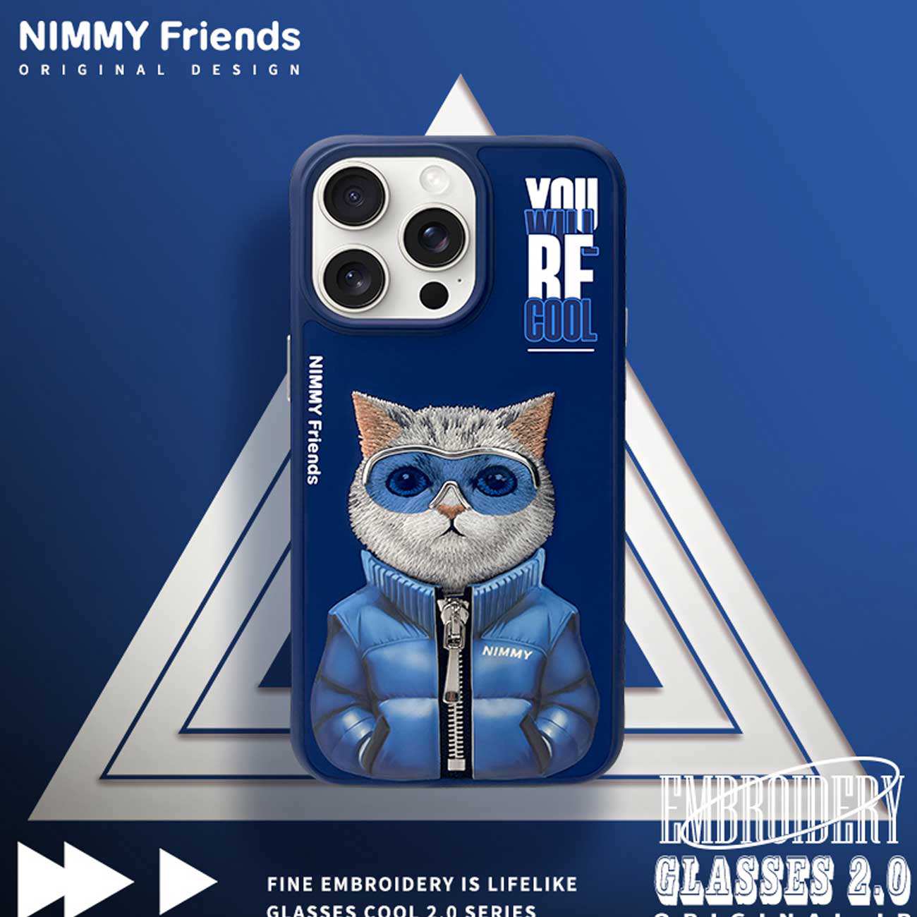 قاب محافظ گوشی آیفون 15 پرو طرح گربه با زیپ و عینک واقعی نیمی Embroidery