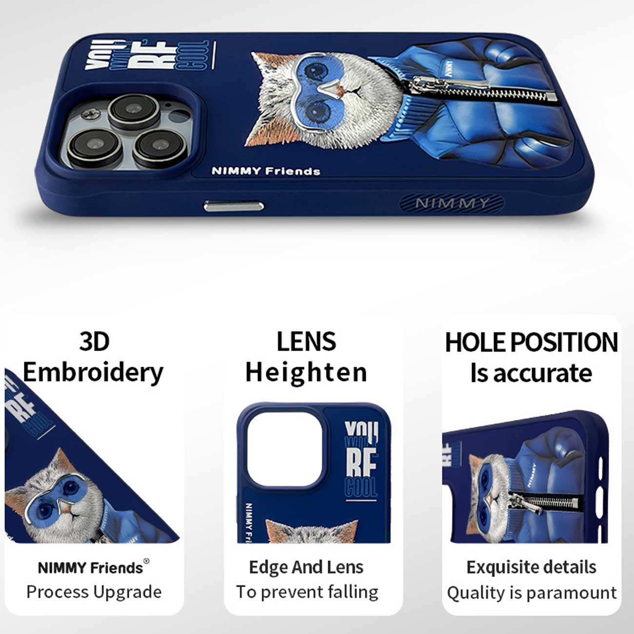 قاب محافظ گوشی آیفون 15 پرو طرح گربه با زیپ و عینک واقعی نیمی Embroidery