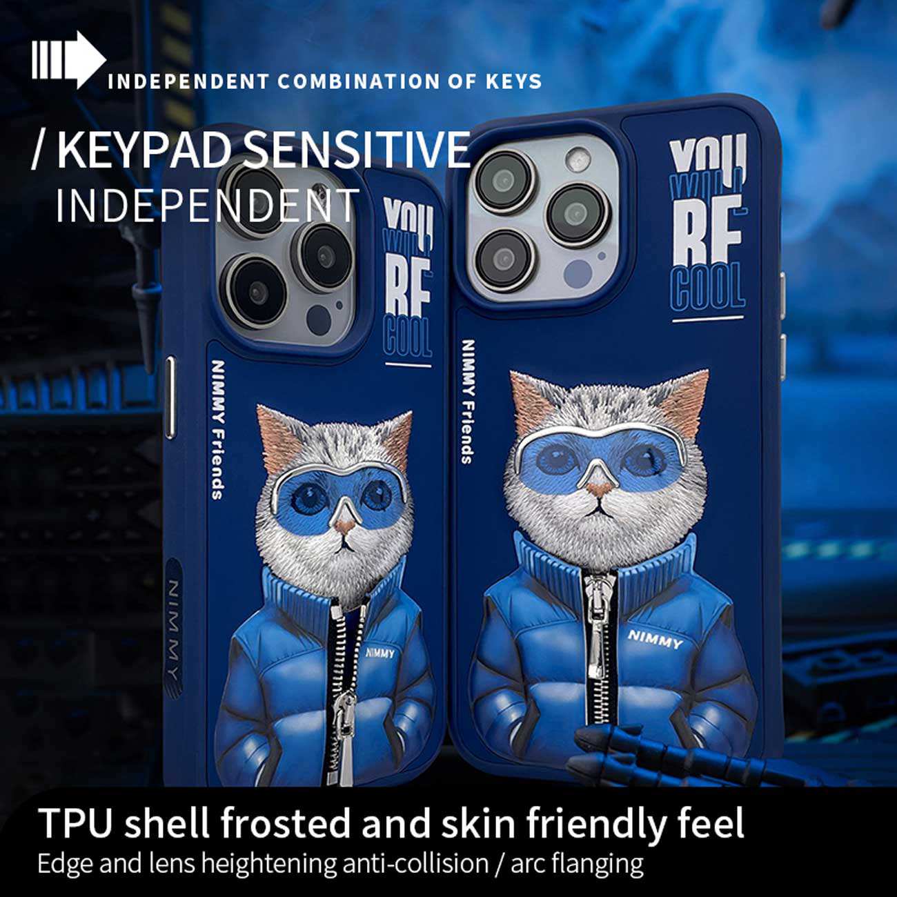 قاب محافظ گوشی آیفون 15 پرو طرح گربه با زیپ و عینک واقعی نیمی Embroidery