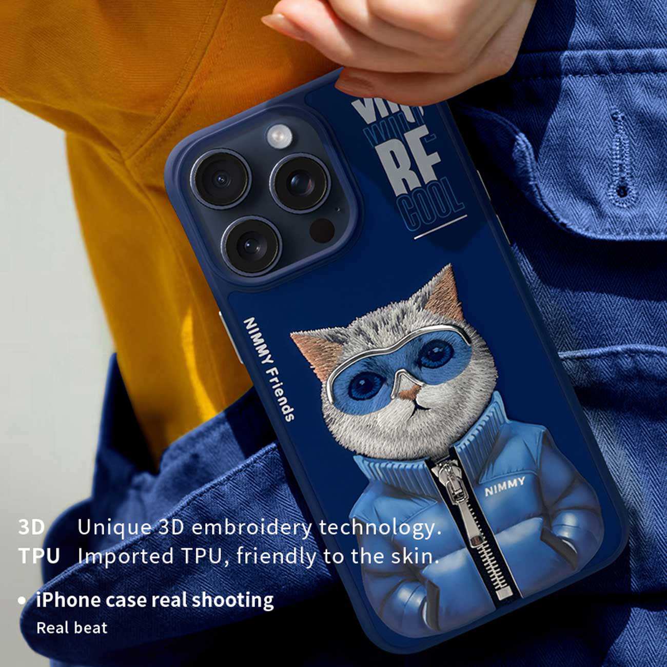 قاب محافظ گوشی آیفون 15 پرو طرح گربه با زیپ و عینک واقعی نیمی Embroidery