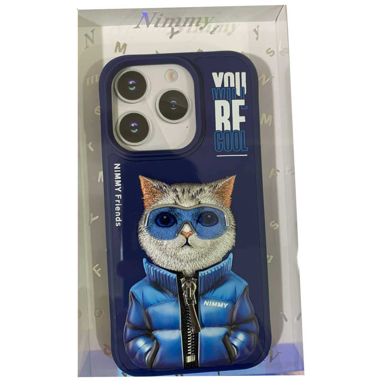 قاب محافظ گوشی آیفون 15 پرو طرح گربه با زیپ و عینک واقعی نیمی Embroidery