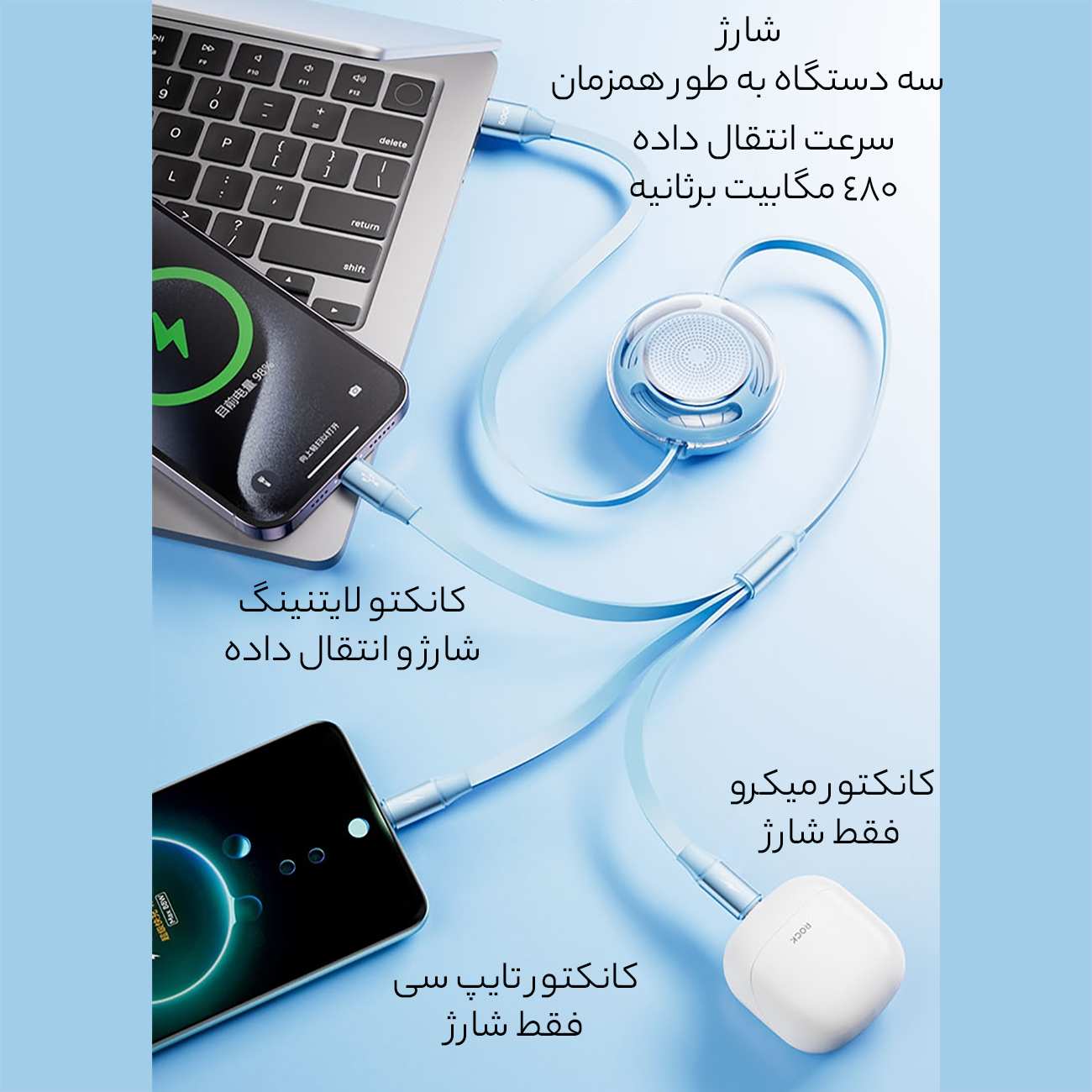 کابل چند کاره یو اس بی به تایپ سی، لایتنینگ و میکرو یو اس بی 3.5 آمپر راک RCB0864