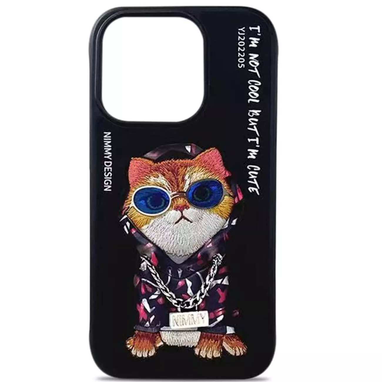 قاب محافظ گوشی آیفون 15 پرومکس طرح گربه با عینک و زنجیر واقعی و خز گلدوزی شده نیمی YJ202205