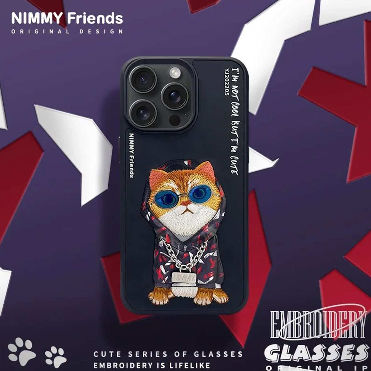 قاب محافظ گوشی آیفون 15 پرومکس طرح گربه با عینک و زنجیر واقعی و خز گلدوزی شده نیمی YJ202205