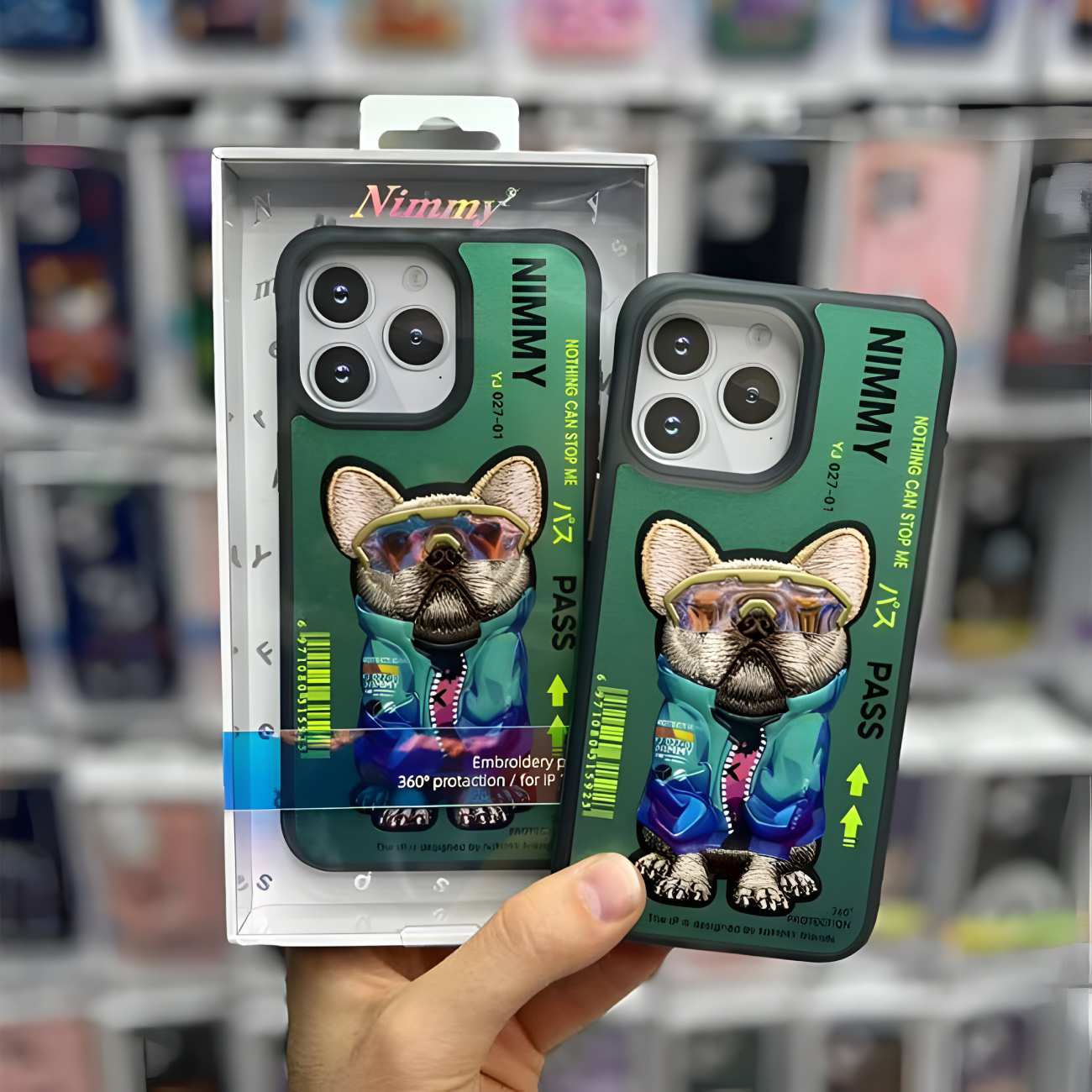 قاب محافظ گوشی آیفون 15 پرو مکس طرح سگ با عینک واقعی و خز گلدوزه شده نیمی YJ027-01