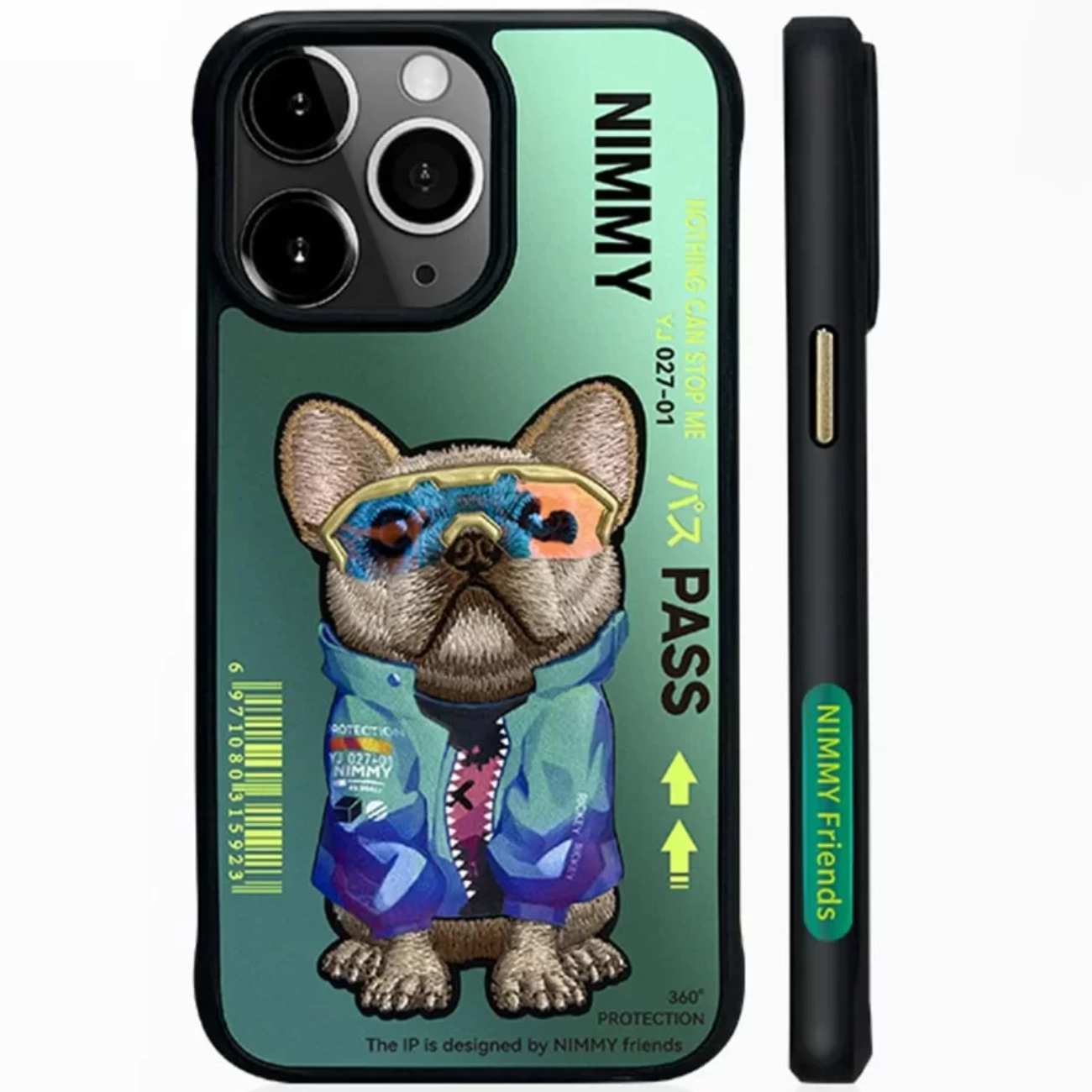 قاب محافظ گوشی آیفون 15 پرو مکس طرح سگ با عینک واقعی و خز گلدوزه شده نیمی YJ027-01